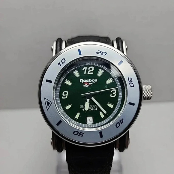 Mens Reebok Sport 40mm Date 100M Watch Silver Black Green Nylon Band New Battery - Picture 1 of 13